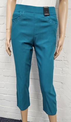 Claudia C 22'' Leg Embroidered Pocket Cropped Teal Trousers